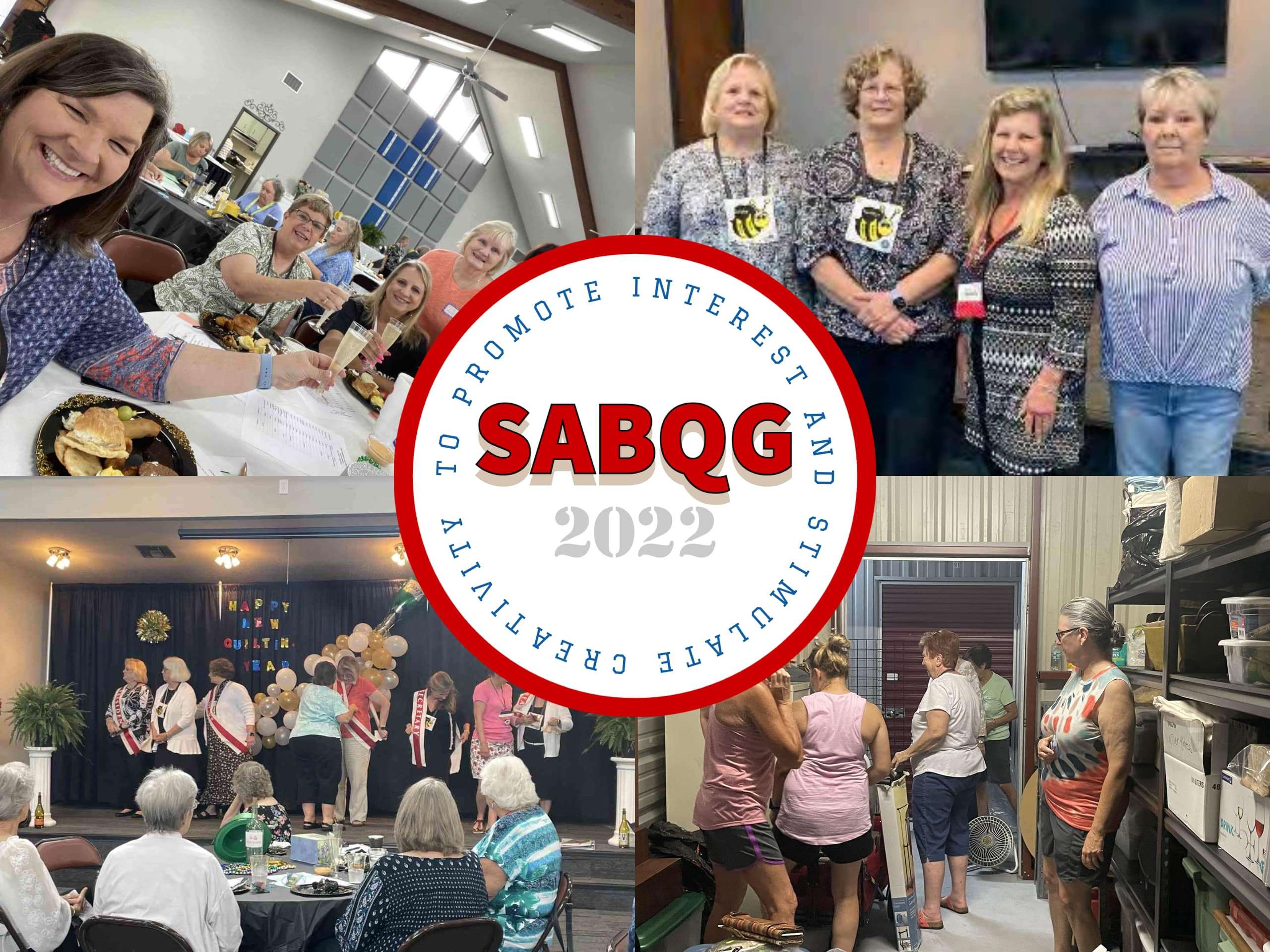 Collage of quilting activites with members held by the Saint Andrew Quillters Guild